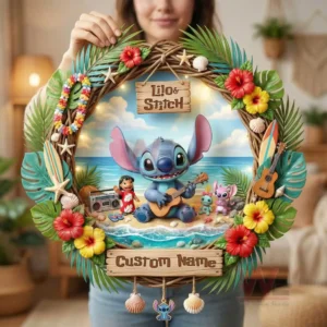 Tropical beach themed wreath with a blue alien character guitar flowers leaves ocean background and custom name sign!