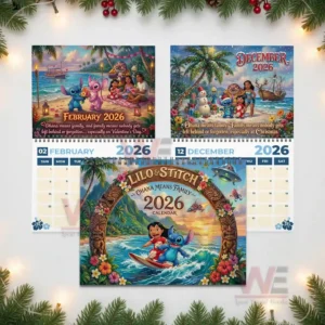 Collage of Lilo and Stitch twenty twenty six calendar pages showing February December and the main cover with tropical themed illustrations.