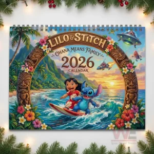 Cover of Lilo and Stitch twenty twenty six calendar showing Lilo and Stitch surfing within a tropical decorative frame.