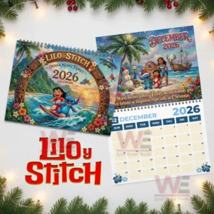 December twenty twenty six Lilo and Stitch calendar page next to the main cover featuring festive tropical artwork.
