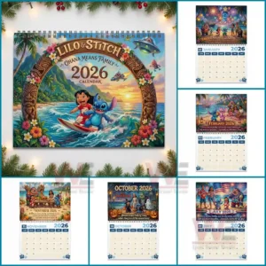 Collection of Lilo and Stitch twenty twenty six calendar pages showing various monthly illustrations around the main cover.