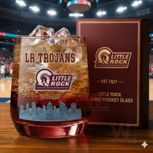 Little Rock Trojans whiskey glass with ice and branded box displayed in a sports arena environment!