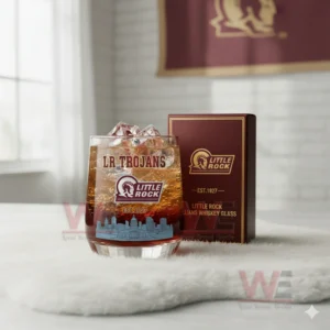 Little Rock Trojans whiskey glass and gift box in a bright indoor room setting!