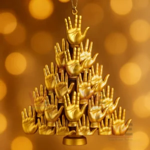 Golden hand shaped ornament arranged in stacked tiers hanging against a glowing background!
