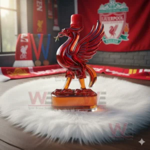 Red glass bird bottle on white rug with football banners and sports decorations behind!