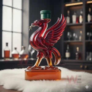 Red glass bird shaped bottle on white fur surface with liquor shelf background!