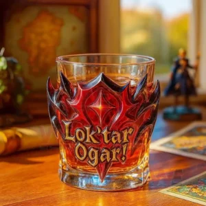 Decorative fantasy glass with red flame design and bold lettering placed on a wooden surface!