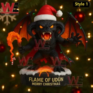 Flame monster christmas ornament with santa hat wings fire staff glowing eyes and holiday background!