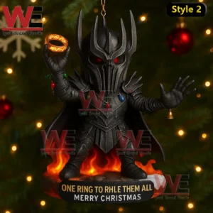 Lord of the Rings 25th Anniversary 2001-2026 Christmas Ornament 10 Dark armored christmas ornament with glowing ring fire base raised hands and dramatic holiday lights!