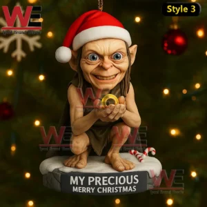 Lord of the Rings 25th Anniversary 2001-2026 Christmas Ornament 11 Small creature christmas ornament with santa hat golden ring crouching pose and holiday background!