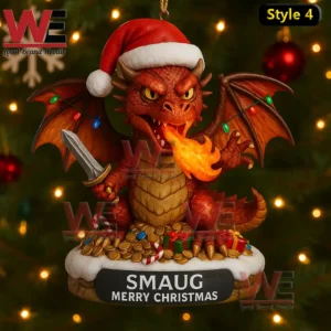 Lord of the Rings 25th Anniversary 2001-2026 Christmas Ornament 12 Red dragon christmas ornament with santa hat fire breath wings treasure base and glowing holiday lights!