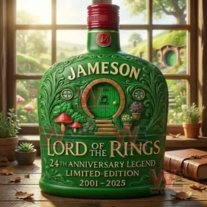 Green fantasy themed whiskey bottle with decorative carvings and a round door design placed indoors near a window with plants!