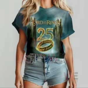 Front view of a green Lord of the Rings anniversary shirt worn by a woman showing a glowing ring and epic fantasy design!