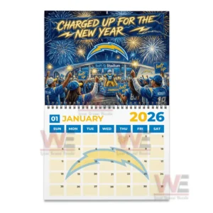 January twenty twenty six Los Angeles Chargers calendar page with fans celebrating under fireworks near the stadium.