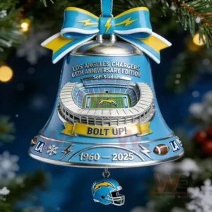 Blue and gold football themed holiday bell ornament with stadium artwork ribbon bow and helmet charm on a Christmas tree!