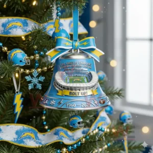 Football themed holiday bell ornament in blue and gold hanging on a decorated Christmas tree with lights and ribbons!