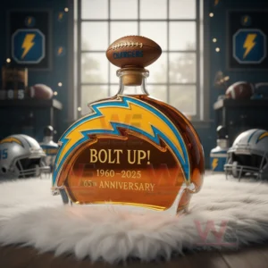 A lightning bolt shaped Chargers bottle rests on a fluffy white rug with team helmets and sports items arranged around it!