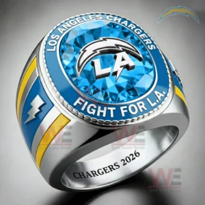 Los Angeles Chargers fan ring with blue gemstone center silver band and lightning inspired emblem representing strength energy and football dedication!