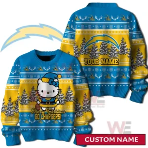A front and back view of a blue and yellow holiday sweater featuring a festive character winter trees decorative patterns and a large lightning emblem with customizable name space!