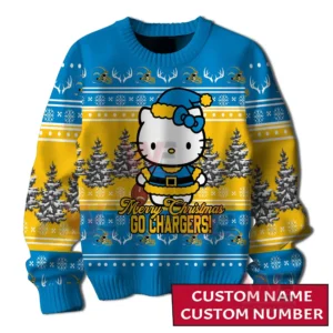 A front view of a blue and yellow holiday sweater with a festive character winter trees and repeating decorative patterns!