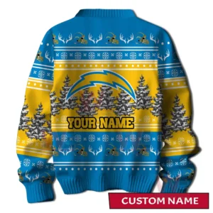 A back view of a blue and yellow holiday sweater with a large lightning emblem customizable name area winter trees and decorative festive patterns!