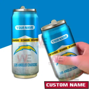 Los Angeles Chargers NFL Personalized Can Tumbler 4 A pair of custom Los Angeles Chargers tumblers featuring the team lightning bolt logo and Go Chargers band placed on a minimal blue and white backdrop!