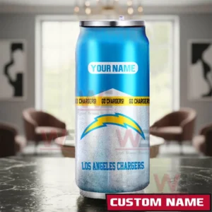 Los Angeles Chargers NFL Personalized Can Tumbler 5 A custom Los Angeles Chargers tumbler with the team lightning bolt logo and Go Chargers band displayed on a reflective table in a modern living room!