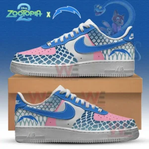 Custom sneakers with blue pink and white scaled designs the Los Angeles Chargers bolt logo and Zootopia artwork behind them!
