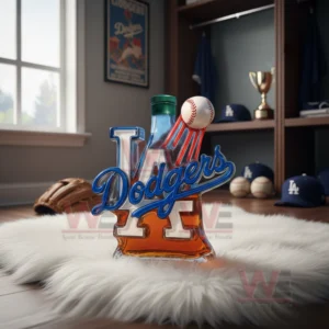 A Dodgers bottle with a soaring baseball design stands on a fluffy white rug in a room filled with baseball items!