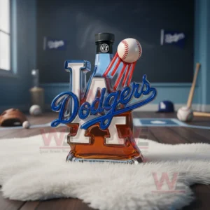 A Dodgers logo bottle with a soaring baseball rests on a soft rug with baseball gear in the background!