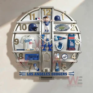 Los Angeles Dodgers decorative wall clock with baseball memorabilia team colors and bold sports identity mounted on a wall!