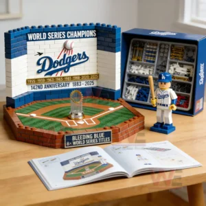 Brick baseball championship display with a player figure field trophy instruction book and parts box arranged neatly on a table!