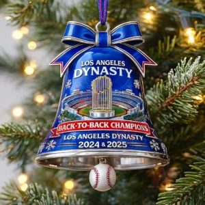 Blue Christmas bell ornament on a tree showing a Los Angeles baseball dynasty stadium trophy design and a dangling baseball!