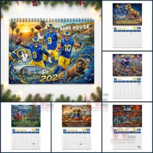 Calendar set displaying Rams themed artwork for several months including the main two zero two six cover!