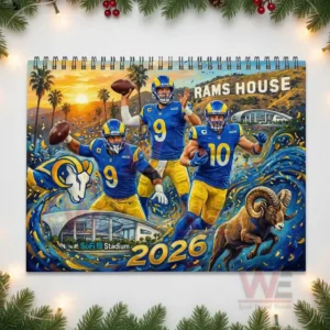 Los Angeles Rams 2026 Wall Calendar 7 Rams calendar cover with three players a ram and SoFi Stadium set against a dramatic sunset scene!