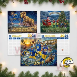 Los Angeles Rams 2026 Wall Calendar 8 January and December Rams themed pages shown beside the main two zero two six cover!