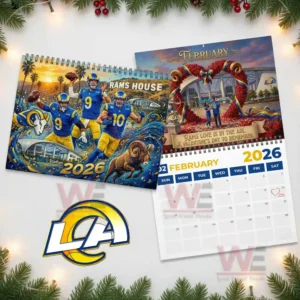 Los Angeles Rams 2026 Wall Calendar 9 February Rams themed Valentines page shown next to the main two zero two six cover!