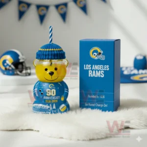 Los Angeles Rams 90th Anniversary 1936-2026 Bear Glass Cup 4 Los Angeles Rams bear glass cup with straw and hat displayed with team decorations!