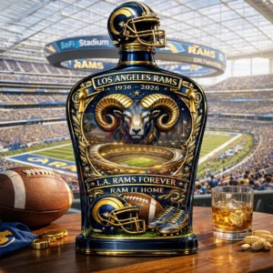 Los Angeles Rams commemorative bottle with ram artwork and football elements positioned inside a modern stadium setting!