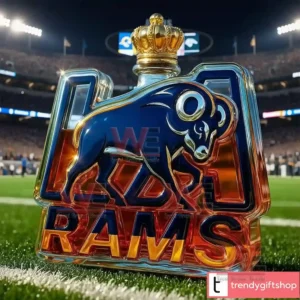 Ram shaped glass bottle with crown stopper shown on a football field background at night!