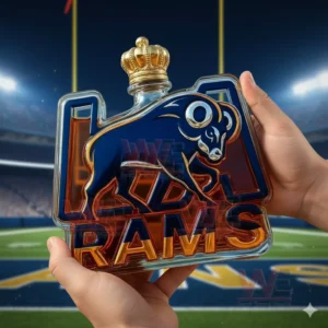 Los Angeles Rams Crown Logo Whiskey Bottle 4 Hands holding a crown topped ram emblem bottle in a sports stadium setting!