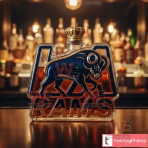 Los Angeles Rams Crown Logo Whiskey Bottle 5 Crowned ram shaped glass bottle showcased on a bar surface with warm lighting!