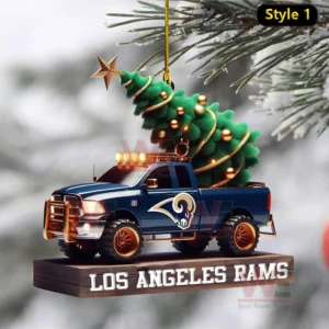 Ornament of a blue Rams pickup truck carrying a decorated Christmas tree on a wooden style base!