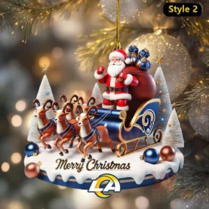 Los Angeles Rams Grinch Christmas Ornament 4 Ornament of Santa in a blue and gold Rams sleigh pulled by reindeer on a snowy base!