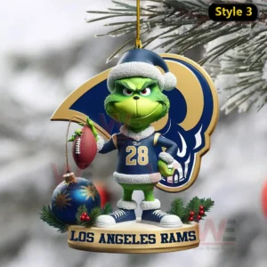Los Angeles Rams Grinch Christmas Ornament 5 Ornament of the Grinch in a Rams uniform holding a football with a large Rams logo behind him!