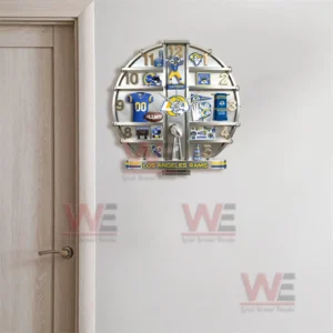 Three dimensional Los Angeles Rams wall clock with blue yellow and silver team theme football memorabilia and a strong decorative structure!