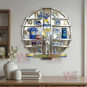 Los Angeles Rams decorative wall clock displayed in a modern living room with wooden furniture and clean interior styling!