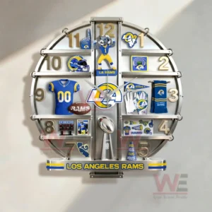 Los Angeles Rams wall clock above a desk with football photo mug and clean workspace decor!