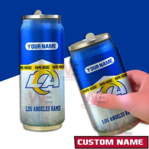 Los Angeles Rams NFL Personalized Can Tumbler 4 Two angle view of a custom name Los Angeles Rams can shaped tumbler in blue and silver.