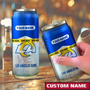 Los Angeles Rams NFL Personalized Can Tumbler 5 Custom name Los Angeles Rams can shaped tumblers displayed in a bar environment.